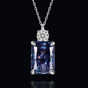 Dark Blue Rectangle Necklace 925 Silvery Ice Cut A+ CZ